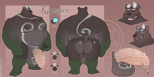 animal_genitalia anthro ball_tattoo balls barazoku big_balls big_butt big_muscles big_nipples big_pecs big_penis blush bodily_fluids body_hair broken_horn butt butt_hair chest_hair foreskin genital_fluids genital_tattoo genitals horn huge_balls huge_pecs huge_penis leaking_precum leg_markings male markings musclegut muscular muscular_arms muscular_male nipples nub_tail pecs penis precum sheath smile socks_(marking) solo spiral tattoo text tilionmaia bear demon mammal english_text hi_res model_sheet
