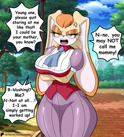 angry annoyed anthro arms_crossed_under_breasts big_breasts big_ears biped blush blush_lines breasts brown_nose buckteeth chipped_tooth clothed clothing countershading cross-popping_vein crossed_arms curvy_figure dialogue dipstick_ears dress ear_markings eye_markings eyelashes female first_person_view floppy_ears flustered frown fur glistening_eyelids hair head_tuft hourglass_figure long_ears looking_at_viewer lop_ears markings mature_anthro mature_female multicolored_ears narrowed_eyes open_mouth orange_ears orange_hair outside park pink_inner_ear pink_tongue pupils secretly_loves_it small_waist solo speech_bubble standing stuttering talking_to_viewer teeth teeth_showing text thick_thighs tongue tsundere tuft two_tone_ears wasp_waist white_body white_countershading white_fur wide_hips yellow_eyes flashpointgear sega sonic_the_hedgehog_(series) vanilla_the_rabbit lagomorph leporid mammal rabbit 2025 absurd_res artist_name digital_media_(artwork) english_text hi_res portrait three-quarter_portrait