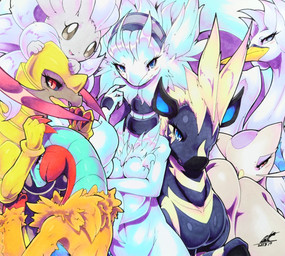 ambiguous_gender beak black_body black_sclera blue_eyes blush blush_lines breasts claws covering covering_face eyelashes feathers female feral fur green_body grey_body grey_eyes grey_fur group hair half-closed_eyes looking_at_viewer looking_back mane multicolored_body narrowed_eyes navel non-mammal_breasts open_mouth orange_body orange_feathers red_eyes striped_body stripes tongue whiskers white_body white_feathers white_fur white_hair 025aki mythology nintendo pokemon archeops avian bird cinccino dragon equid equine fossil_pokemon furred_dragon furred_scalie generation_5_pokemon haxorus legendary_pokemon mammal mienshao mythological_creature mythological_scalie pokemon_(species) reshiram scalie swanna zebstrika 2025 absurd_res dated hi_res signature