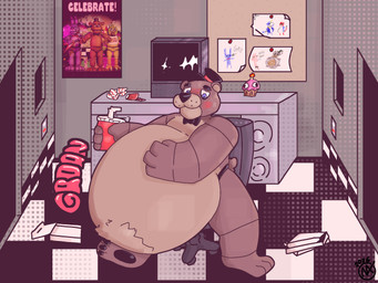 abdominal_bulge anthro belly belly_expansion belly_overhang blush expansion machine male overweight overweight_male rumbling_stomach solo vinny_fatfur weight_gain five_nights_at_freddy's scottgames freddy_(fnaf) animatronic bear mammal robot 4:3 hi_res