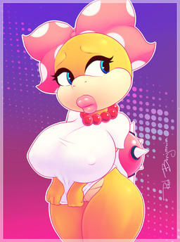accessory anthro anthrofied big_breasts bodily_fluids bottomless bow_(feature) bow_accessory bow_ribbon breasts centered_hair_bow clothed clothing clothing_pull dotted_background female gem genitals hair_accessory hair_bow hair_ribbon huge_breasts jewelry lips lipstick makeup necklace nipple_outline pattern_background pearl_(gem) pearl_necklace ribbons shirt shirt_pull shortstack simple_background solo sweat thick_lips thick_thighs topwear topwear_pull vulva wide_hips sirredbenjamin mario_bros nintendo koopaling wendy_o._koopa dragon_koopa koopa scalie hi_res