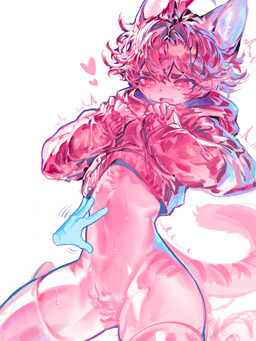 ambiguous_gender anthro blush bodily_fluids clothing crying disembodied_hand duo ears_up fur hair heart_symbol latex latex_clothing latex_legwear latex_thigh_highs legwear oversized_clothing oversized_sweater oversized_topwear petting petting_body pink_body pink_fur pink_hair raised_arm simple_background small_waist solo_focus sweater tail tears thick_thighs thigh_highs topwear white_background magic_dream00 domestic_cat felid feline felis mammal 3:4 absurd_res hi_res