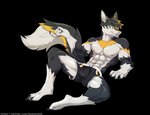 anthro black_body black_fur blue_eyes claws clothing digitigrade fur male muscular muscular_anthro muscular_male navel nipples paws solo tail text underwear white_body yellow_eyes gomsin940 vortiganshine canid canine canis mammal wolf absurd_res alpha_channel hi_res signature url