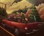 aircraft airplane ambiguous_gender anthro backpack cloud driving fir_tree fire flannel_shirt grass group leaf light_truck looking_up pickup_truck plane_crash plant power_lines red_car road road_sign silhouette sitting smoke tree trio truck vehicle bunnymutt canid mammal hi_res painting_(artwork) traditional_painting_(artwork)