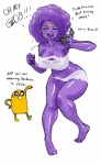 alternate_species anthro breasts cellphone clothing dialogue duo electronics female flip_phone hair humanoidized improvised_clothing makeup male mascara on_model phone purple_body purple_hair purple_skin text thick_thighs translucent translucent_clothing wide_hips unknown_artist adventure_time cartoon_network jake_the_dog lumpy_space_princess canid canine canis domestic_dog humanoid lumpy_space_denizen mammal digital_media_(artwork) english_text full-length_portrait portrait