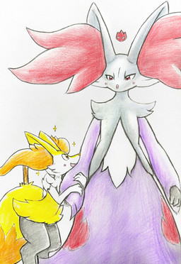 3_fingers ambiguous_anthro ambiguous_gender anthro arm_grab arm_tuft big_tail biped blush blush_lines cheek_tuft digitigrade dipstick_tail duo evolutionary_family facial_tuft fingers flat_chested front_view fur grey_body grey_fur hip_tuft hugging_arm inner_ear_fluff looking_down looking_down_at_another looking_up_at_another markings multicolored_body nude_ambiguous nude_anthro object_in_tail open_mouth orange_body orange_eyes orange_fur orange_inner_ear_fluff orange_nose orange_tail_tip pointy_ears prick_ears purple_body purple_fur red_body red_eyes red_fur red_inner_ear_fluff red_nose red_tail_tip shoulder_tuft side_view simple_background size_difference sparkles standing stick stick_in_tail tail tail_markings tapering_snout tongue tuft two_tone_tail white_background white_body white_fur yellow_body yellow_fur yellow_tail eiroru nintendo pokemon alpha_pokemon braixen canid delphox generation_6_pokemon mammal pokemon_(species) shiny_pokemon 2025 colored colored_pencil_(artwork) graphite_(artwork) hi_res portrait shaded three-quarter_portrait traditional_media_(artwork)