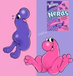 ambiguous_gender armless big_butt butt candy dessert duo food junk_food looking_at_viewer open_mouth pink_body pink_skin purple_body purple_skin simple_background smile teeth tongue fivel nerds wonka sim humanoid nerd_(species) 2019 digital_media_(artwork)