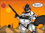 anthro armor belly big_breasts black_body black_fur blue_eyes bottomwear breasts building clothing desert female fur gun headgear helmet multicolored_body multicolored_fur obese obese_anthro obese_female open_mouth overweight overweight_anthro overweight_female ranged_weapon rifle sand solo speech_bubble sun text thick_thighs topwear two_tone_body two_tone_fur weapon white_body white_fur dutch_(artist) misty_the_mouse star_wars stormtrooper whitney_(dutch) domestic_cat felid feline felis mammal 2014 digital_media_(artwork) english_text