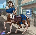 after_transformation anthro big_bulge breasts building bulge car clothed_taur clothing detailed_bulge fluffy fluffy_tail fur furgonomics gynomorph hooves intersex quadruped road smile street street_lamp tail taur_clothing text transformation unguligrade vehicle larru-larru equid equid_taur equine equine_taur horse horse_taur human mammal mammal_taur taur colored english_text hi_res