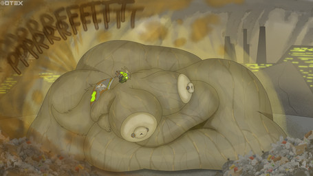 anthro belly big_belly big_breasts big_butt blobby bodily_fluids breasts butt fart fart_cloud fart_fetish female huge_belly huge_butt immobile industrial machine morbidly_obese musk navel nipple_piercing nipples obese overweight piercing smelly solo sweat trash otex_(artist) hi_res