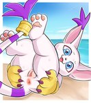 accessory anthro anus beach black_nose blue_eyes bodily_fluids border butt butt_grab butt_squish claws clitoris cloud cute_fangs day fangs feet feet_up female fur furgonomics genitals grabbing_own_butt hand_on_butt hand_on_own_butt heart_pupils legs_up long_ears looking_at_viewer lying markings multicolored_body multicolored_fur nude on_back on_ground open_mouth open_smile outdoor_nudity outside pawpads paws pink_inner_ear pink_pawpads presenting presenting_anus presenting_pussy purple_body purple_claws purple_fur pussy sand seaside sky smile smiling_at_viewer soles solo spread_anus spread_butt spreading squish striped_markings striped_tail stripes sweat tail tail_accessory tail_markings teeth toes tongue two_tone_body two_tone_fur water white_body white_border white_fur yellow_paws fieryfur bandai_namco digimon digimon_(species) gatomon 2024 hi_res