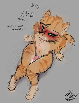 after_masturbation after_orgasm anthro belly blush blushing_profusely bodily_fluids cheek_tuft cum cum_on_leg cum_on_self dialogue ears_back ejaculation embarrassed erection eye_roll facial_tuft femboy fur fuzzy genital_fluids genitals glistening glistening_belly glistening_thighs green_eyes grey_background hands-free head_tuft high-angle_view humanoid_genitalia humanoid_penis humiliation knock-kneed leaning leaning_backward looking_at_viewer looking_up male narrowed_eyes navel nude open_mouth orange_body orange_fur penis pivoted_ears sex shy simple_background sitting sitting_on_ground slim small_penis solo stuttering tail tears text thick_thighs thigh_masturbation thigh_sex tuft whiskers wide_hips thewolvenmisfit dreamworks puss_in_boots_(franchise) puss_in_boots_(dreamworks) domestic_cat felid feline felis mammal tabby_cat absurd_res digital_media_(artwork) english_text hi_res