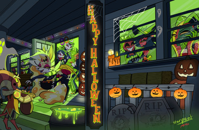 4_arms anthro backless_dress bare_back black_hair building cartoon_freckles cat_costume clothed clothed_anthro clothed_female clothed_humanoid clothed_male clothing cosplay costume digitigrade eyelashes eyeshadow facial_tuft female fool's_hat freckled_face freckles glistening_eyelids glowing_liquid green_face_paint green_glow green_liquid grin group gynomorph hair halloween_costume halloween_decoration hat hay hay_bale headgear headwear holidays house intersex jack-o'-lantern long_eyelashes makeup male multi_arm multi_limb night purple_eyeshadow red_body red_sclera red_skin sharp_teeth smile spider_web teeth text tombstone trick-or-treating tuft vampire_costume werewolf_costume white_face witch_costume witch_hat yellow_sclera zombie_costume 49ersrule07 starpaintart halloween hellaverse helluva_boss mythology barbie_wire blitzo_(helluva_boss) emberlynn_pinkle fizzarolli_(helluva_boss) loona_(helluva_boss) martha_(helluva_boss) millie_(helluva_boss) moxxie_(helluva_boss) octavia_(helluva_boss) oliver_(helluva_boss) queen_bee-lzebub_(helluva_boss) sallie_may_(helluva_boss) stolas_(helluva_boss) vortex_(helluva_boss) arthropod avian avian_demon bee bird canid canid_demon canine demon fox hellhound human humanoid hymenopteran imp insect mammal mythological_canine mythological_creature owl owl_demon 2024 absurd_res artist_collaboration english_text hi_res