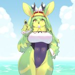 anthro antlers breasts clothed clothing female fur green_body green_fur hair horn solo swimwear water yellow_eyes wkar natsu_(natsu_o3o) jackalope lagomorph mammal 1:1 digital_media_(artwork) hi_res