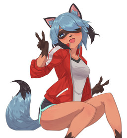 anthro black_body black_fur black_hair black_nose blue_body blue_eyes blue_fur blue_hair bottomwear breasts brown_body brown_fur clothed clothing dipstick_tail dolphin_shorts female fingers fluffy fluffy_tail fur gesture gloves_(marking) hair hand_gesture jacket looking_at_viewer markings multicolored_body multicolored_fur multicolored_hair open_clothing open_jacket open_topwear short_hair shorts simple_background sitting tail tail_markings topwear v_sign white_background elach brand_new_animal studio_trigger michiru_kagemori canid canine mammal raccoon_dog tanuki 2020 absurd_res hi_res