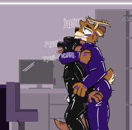 anthro bulge chastity_bulge chastity_device chokehold clothing duo female humping latex latex_clothing latex_skinsuit lock_bulge lock_symbol male male/male male_penetrated male_penetrating null_bulge penetration simple_background skinsuit tail tight_clothing tongue mrpawpaw bovid bovine cattle deer mammal mustelid otter digital_media_(artwork) hi_res