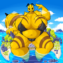 :3 antennae_(anatomy) anthro areola areola_slip arthropod_abdomen big_breasts biped breasts building clothed clothing cloud detailed_background eyebrows eyelashes facial_tuft featureless_feet feet female fingers front_view huge_breasts huge_thighs island looking_down macro macro_female markings motion_lines multicolored_body narrowed_eyes navel non-mammal_breasts outside plant sea sitting sky solo stinger striped_markings stripes thick_thighs tree tuft two_tone_body underwear underwear_only water wide_hips yellow_body baronflint arthropod bee hymenopteran insect 1:1 2026 digital_drawing_(artwork) digital_media_(artwork) hi_res