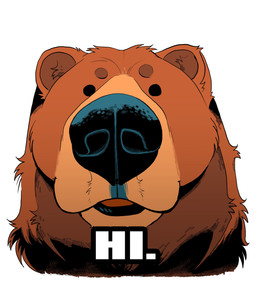 ambiguous_gender big_nose black_lips brown_body brown_fur dot_eyes feral front_view fur greeting greeting_viewer lips looking_at_viewer open_mouth simple_background simple_eyes solid_circle_eyes solo talking_to_viewer text white_background broncoburro bear brown_bear grizzly_bear mammal ursine english_text headshot_portrait hi_res impact_(font) portrait