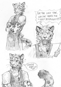 angry anthro apron clothed clothing fangs front_view grumpy male male_anthro mouth_closed one_eye_closed open_mouth open_smile simple_background smile solo standing teeth text akatan_art felid mammal pantherine snow_leopard english_text hi_res monochrome sketch sketch_page
