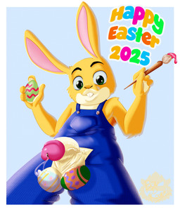 balls blue_background blue_clothing bodily_fluids bodypaint brush buckteeth clothing dripping easter_balls easter_egg flaccid fur furry_balls genital_fluids genitals green_eyes holidays looking_at_viewer looking_down male neutral_expression overalls paint paintbrush painted_balls penis precum precum_drip rabbit_ears simple_background teeth text vein white_body white_fur white_penis yellow_body yellow_fur ben_d_koopa benediktus_(artist) easter mythology easter_bunny lagomorph leporid mammal rabbit 2025 absurd_res hi_res watermark