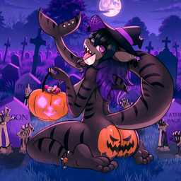 4_toes anthro butt clothing feet female hat headgear headwear holidays looking_at_viewer markings night nude open_mouth outside presenting presenting_hindquarters smile smiling_at_viewer soles solo striped_body stripes toes tongue tongue_out witch_hat ai_assisted ai_generated_background xlyuz halloween dashie_(xxmakaveli20) aquatic fish shark 1:1 hi_res
