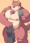 anthro blush bulge clothing electronics humanoid_hands male nipples phone pubes simple_background solo underwear ayame42612 canid canine canis domestic_dog mammal 2019