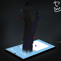 ambiguous_gender black_claws charging_cable claws dark_body dark_fur dark_room finger_claws fur grey_background humanoid_hands phasing_through_object phone_screen pixels reaching_up screen_glow simple_background solo carnaltwin scp_foundation scp-1471-a malo 1:1 2025 watermark