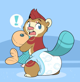 ambiguous_gender anthro beaver_tail blue_background blue_tail blush blush_lines brown_body brown_fur brown_inner_ear buckteeth clean_diaper clothed clothing diaper diaper_only exclamation_point facial_markings fur hair head_markings holding_object holding_plushie leg_markings looking_back markings multicolored_body multicolored_fur open_mouth pink_nose plushie red_body red_fur red_hair simple_background socks_(marking) solo speech_bubble standing tail tan_body tan_ears tan_fur teeth topless wearing_diaper whisker_spots bubblepuppers kvikk_(littlekvikk) beaver mammal rodent full-length_portrait hi_res portrait nonbinary_(lore)