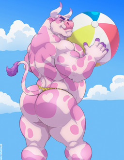 anthro ball beach_ball big_butt big_muscles butt clothed clothing holding_object horn inflatable looking_at_viewer male muscular muscular_anthro muscular_male pink_body pink_spots sky solo spots thong thong_only topless topless_anthro topless_male underwear underwear_only tylerstark cheesecake_(microsirloin) bovid bovine cattle mammal 2024 hi_res