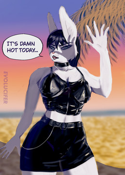 alternative_fashion anthro beach belt breasts chain_jewelry chain_necklace choker cleavage clothed clothing exposure_variation eyelashes female front_view goth jewelry latex latex_clothing leather leather_clothing necklace solo evolucifer hare lagomorph leporid mammal hi_res
