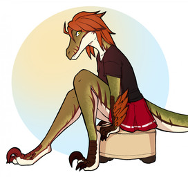 anthro bottomwear claws clothed clothing feathers feet female furniture green_body looking_at_viewer ottoman scales shirt side_view simple_background sitting skirt smile solo stripes tail teeth toes topwear yellow_eyes morgdl melody_(user_55) dinosaur dromaeosaurid prehistoric_species reptile saurischian scalie theropod velociraptor hi_res