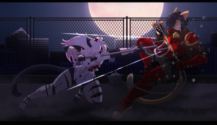 anthro armor biped blood bodily_fluids chain clothed clothing duo female fight glowing glowing_eyes hair male nurse_clothing nurse_uniform red_eyes tail uniform munkeesgomu munks_(munkeesgomu) rhoxy_phosynth domestic_cat felid feline felis mammal