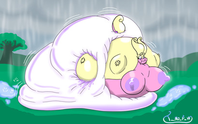 anthro big_breasts big_diaper body_inflation breasts clothed clothing diaper female huge_diaper immobile inflation nipples purple_eyes purple_nipples solo sunken_limbs topless wearing_diaper t_m_f_w nintendo pokemon generation_6_pokemon goodra pokemon_(species) shiny_pokemon absurd_res hi_res watermark