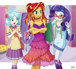 2014 alternate_species blue_eyes blush bottomwear breasts clothed clothing coco_pommel_(mlp) dress equestria_girls eyewear female friendship_is_magic glasses green_eyes group hair hasbro human humanized mammal mask multicolored_hair my_little_pony not_furry purple_hair rarity_(eg) skirt sunset_shimmer_(eg) two_tone_hair uotapo