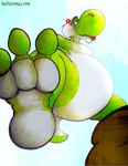 anthro bodily_fluids feet foot_focus male musk perspective solo sweat yagi_b._(artist) huffaromas mario_bros nintendo green_yoshi yoshi low_res