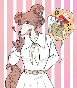 anthro bag belt blush claws clothed clothing cutaway dress female front_view gift heart_symbol kerchief looking_at_viewer neckerchief neckwear pattern_background ribbons shush simple_background solo standing striped_background text yuzuki_fang111 beastars juno_(beastars) canid canine canis mammal wolf 2021 hi_res japanese_text translated