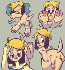 anthro blonde_hair bodily_fluids butt erection feet fellatio flaccid foot_focus genitals hair looking_at_viewer looking_back male male/male oral penile penis sex sleeping spread_butt spreading sweat sweatdrop tan_body young voltybee parappa_the_rapper sony_corporation sony_interactive_entertainment matt_major parappa canid canine canis domestic_dog mammal absurd_res hi_res