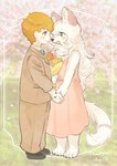 anthro blonde_hair blue_eyes claws clothing duo female flower fur hair hand_holding male male/female plant suit white_body white_fur nekomamanyao canid canine canis human mammal wolf hi_res