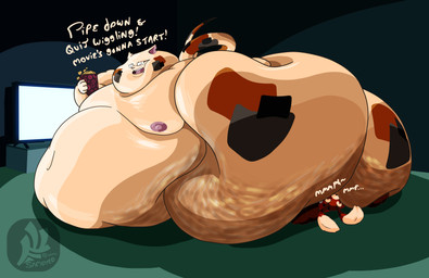 anthro asphyxiation belly big_butt blob_body butt butt_smother cellulite chubby_cheeks complaining countershading dominant dominant_male double_chin duo eyes_closed eyewear facesitting food glasses huge_butt hyper hyper_butt larger_dom larger_male male moobs mottled navel nipples obese obese_anthro overweight overweight_anthro overweight_male patch_(marking) piebald popcorn simple_background sitting sitting_on_another size_difference smothering tail text tv_glow fujiyama_samoyed tek_(fujiyamasamoyed) bobtail_cat calico_cat domestic_cat felid feline felis hybrid japanese_bobtail mammal pandaruth cel_shading english_text hi_res shaded soft_shading watermark