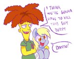 crossover derpy_hooves_(mlp) duo equid equine female friendship_is_magic hasbro holding_knife holding_object horse human i_think_we're_gonna_have_to_kill_this_guy knife male mammal my_little_pony open_mouth paperbagpony pony sideshow_bob simple_background the_simpsons white_background yellow_body yellow_skin