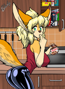 anthro appliance big_ears blonde_hair bottomwear butt clothing ears_up exclamation_point eyebrows eyelashes female finger_in_mouth fur furniture green_eyes hair inside kitchen kitchen_appliance kitchen_counter kitchen_utensils latex latex_bottomwear latex_clothing latex_pants looking_at_viewer orange_body orange_fur pants question_mark solo tail tools chisheq nutella nadia_(chisheq) canid canine fennec_fox fox mammal true_fox hi_res