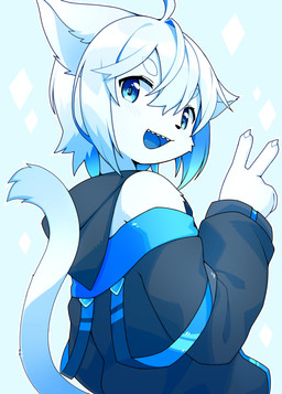 5_fingers anthro bare_shoulders blue_eyes blush blush_lines fingers fur gesture hair hand_gesture looking_at_viewer looking_back looking_back_at_viewer male open_mouth open_smile simple_background smile solo v_sign white_body white_fur white_hair devil-vox a-01_(devil-vox) domestic_cat felid feline felis mammal 2020 absurd_res hi_res