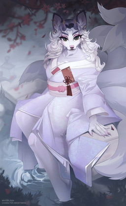 anthro clothed clothing ear_piercing ear_ring ear_stud female female_anthro fur green_eyes grey_body grey_fur grey_hair hair horn inner_ear_fluff mouth_closed partially_submerged piercing pink_nose ring_piercing solo tuft water white_body white_fur white_hair white_inner_ear_fluff unknowhiter canid canine mammal 2024 absurd_res hi_res