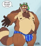 anthro balls_outline belly brown_body bulge clothing detailed_bulge genital_outline humanoid_hands male moobs musclegut muscular nipples overweight overweight_male solo swimwear text deadanthro kalibus canid canine mammal raccoon_dog tanuki 2021 english_text