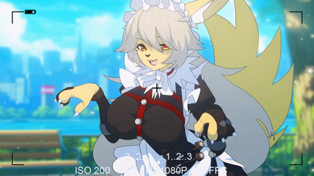 anthro bench big_breasts black_clothing breasts camera_view claws clothing cosplay female fur grey_hair hair huge_breasts long_hair maid_uniform orange_eyes outside plant river solo tree uniform yellow_body yellow_fur grapeanime mihoyo nintendo pokemon zenless_zone_zero alexandrina_sebastiane eeveelution generation_1_pokemon jolteon pokemon_(species) 16:9 crossover hi_res widescreen