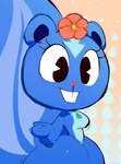 air_freshener anthro big_tail black_eyes blue_body blue_inner_ear buckteeth dark_inner_ear eyelashes female head_flower jewelry necklace pink_nose smile solo tail teeth thick_thighs mu_(artist) happy_tree_friends petunia_(htf) mammal mephitid skunk 2023