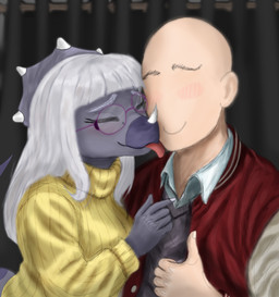 anthro bald blush breasts clothed clothed_anthro clothed_female clothed_human clothed_male clothing duo eyebrows eyes_closed eyewear face_lick facial_horn female fingers frill_(anatomy) gesture glasses grey_body grey_hair hair hand_gesture happy horn human_on_anthro humanoid_hands interspecies jacket licking long_hair male male/female non-mammal_breasts photo_booth raised_inner_eyebrows romantic romantic_couple round_glasses smile sweater tail thumbs_up tongue tongue_out topwear yellow_clothing yellow_sweater yellow_topwear ryangoslinghorny devlog:_a_post-modern_college_experience abigail_(devlog) dev_(devlog) centrosaurine ceratopsian ceratopsid dinosaur human mammal marginocephalian ornithischian prehistoric_species reptile scalie styracosaurus colored hi_res shaded