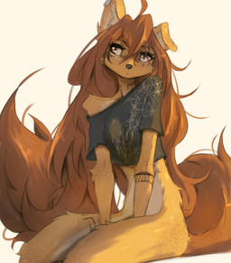 anthro arm_tattoo biped bottomless bottomless_anthro bottomless_female breasts brown_eyes brown_hair brown_tail clothed clothed_anthro clothed_female clothing countershade_torso countershading ear_piercing female front_view fur hair inner_ear_fluff leg_tattoo long_hair long_tail looking_aside neck_tattoo one_ear_up partially_clothed partially_clothed_anthro partially_clothed_female piercing simple_background solo tail tan_body tan_fur tattoo topwear topwear_only tuft tinygaypirate apogee_(tinygaypirate) canid canine canis domestic_dog mammal 2026 absurd_res digital_drawing_(artwork) digital_media_(artwork) hi_res