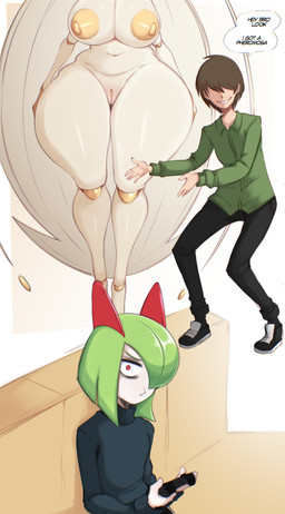 anthro areola big_breasts biped breasts clothed clothed_human clothed_male clothing curvy_figure dialogue female fingers front_view fully_clothed fully_clothed_human fully_clothed_male genitals green_body group larger_female male nipples nude nude_anthro nude_female pokemorph red_body red_eyes simple_background size_difference speech_bubble tall_female thick_thighs trio vulva white_body wide_hips yellow_areola yellow_nipples saltyxodium nintendo pokemon generation_3_pokemon generation_7_pokemon human humanoid kirlia mammal pheromosa pokemon_(species) ultra_beast hi_res