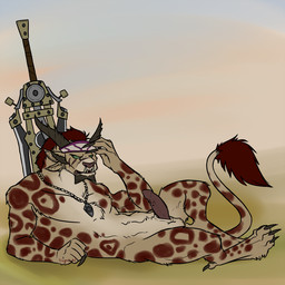 accessory erection genitals green_eyes grumpy hair headband horn jewelry lying male melee_weapon mostly_nude necklace penile_spines penis red_hair solo sword weapon vampirika guild_wars charr felid mammal 1:1 2014